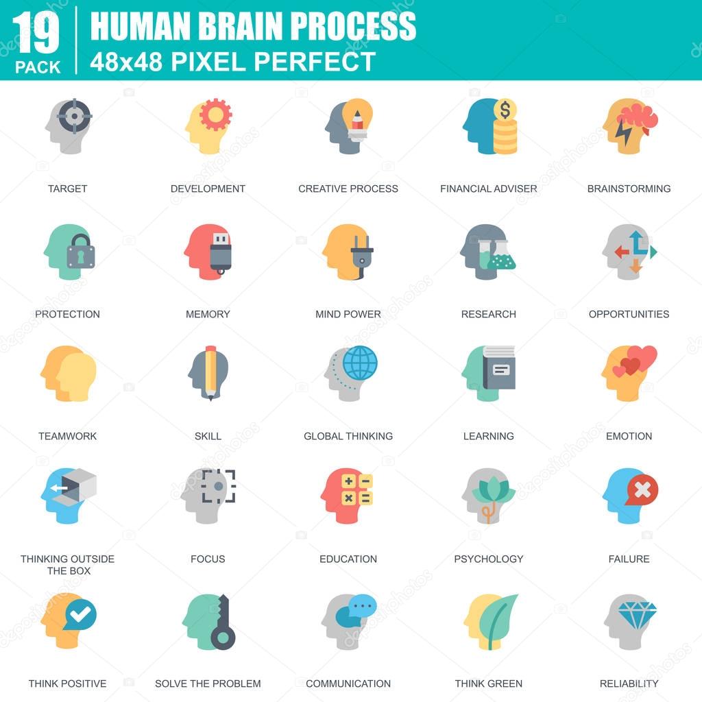 Flat human brain process, features and emotions icons set for website and mobile site and apps. Contains such Icons as Target, Skill. 48x48 Pixel Perfect. Editable Stroke. Vector illustration