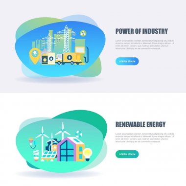 Düz kavramı web reklam sanayi ve yenilenebilir enerji güç. Kavramsal doğrusal vektör çizim için pazarlama, web tasarım, grafik tasarım