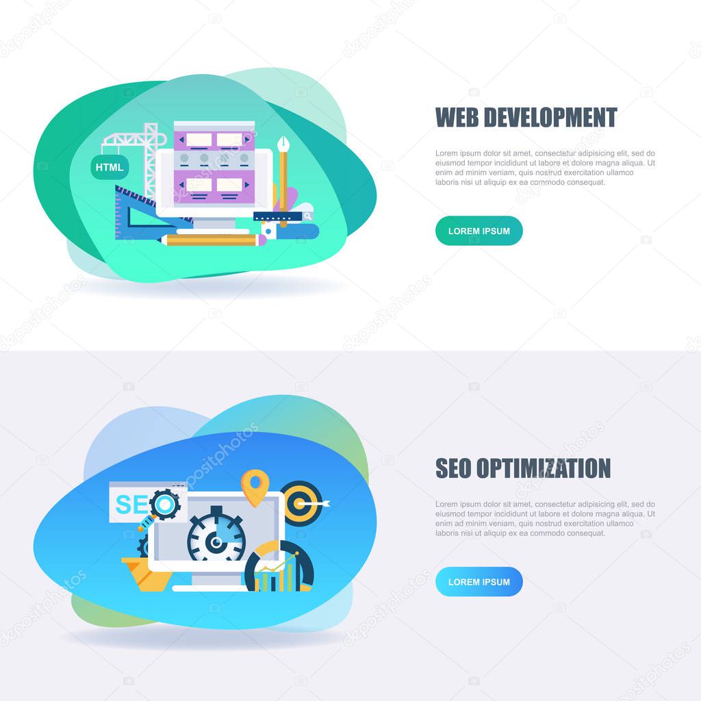 Flat concept web banner of search engine optimization tools for growth traffic, web seo, app and web development. Conceptual vector illustration for web design, marketing, and graphic design