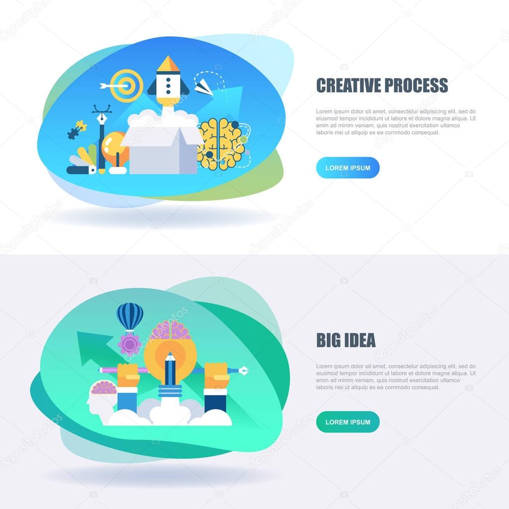 Flat concept web banner of creative process and project workflow, big idea, finding solution, brainstorming. Conceptual vector illustration for web design, marketing, graphic design
