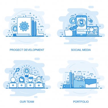 Modern düz renkli kavramı web reklam, sosyal medya, ekibimiz, portföy ve proje geliştirme. Web tasarımı, pazarlama ve grafik tasarım için kavramsal vektör çizim.