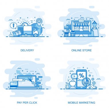 Modern düz renkli kavramı web banner Online Store, tıklama başına ödeme, mobil pazarlama ve teslimat. Web tasarımı, pazarlama ve grafik tasarım için kavramsal vektör çizim.
