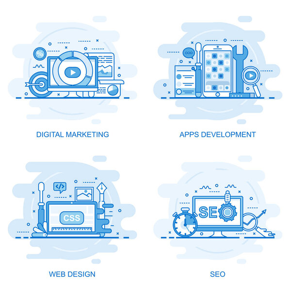 Modern flat color line concept web banner of Seo, Web Design, Apps Development and Digital Marketing. Conceptual vector illustration for web design, marketing, and graphic design.
