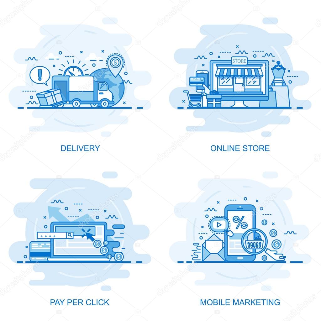 Modern flat color line concept web banner of Online Store, Pay Per Click, Mobile Marketing and Delivery. Conceptual vector illustration for web design, marketing, and graphic design.