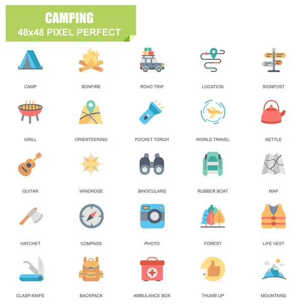 Einfache Reihe Von Campingbezogenen Vektorzeilensymbolen Enthält Symbole Wie Lager Lagerfeuer — Stockvektor