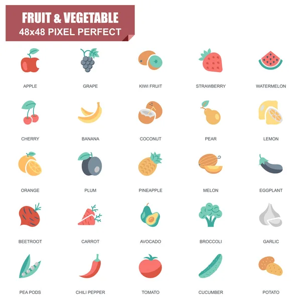 Conjunto Simples Frutas Vegetais Relacionados Vetor Ícones Planos Contém Ícones —  Vetores de Stock