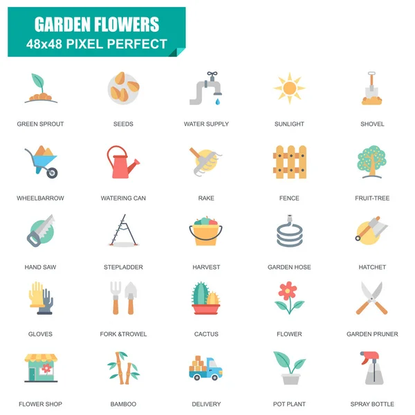Conjunto Simple Flores Jardín Vector Relacionados Iconos Planos Contiene Iconos — Archivo Imágenes Vectoriales