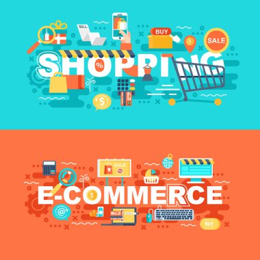 Alışveriş ve e-ticaret düz kavramı ayarlayın. Web sitesi ve grafik tasarım için slogan afiş. Düz simgeler. Mobil ve basılı medya. Vektör çizim.