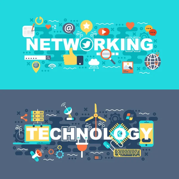 Conjunto Redes Tecnología Concepto Plano Banners Con Eslogan Para Web — Vector de stock