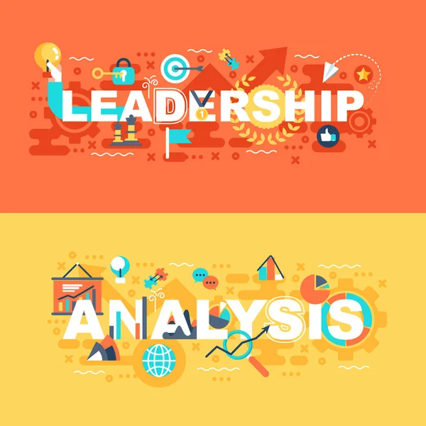 Leadership Analysis Set Flat Concept Banners Slogan Website Graphic Design — Stock Vector