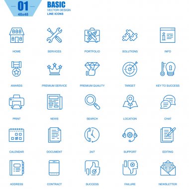 İnce çizgi temel kutsal kişilerin resmi web sitesi ve mobil site ve uygulamalar için ayarlayın. Portföy, Hizmetleri, hedef, Ödülleri, destek olarak böyle simgeleri içerir. Vektör çizim