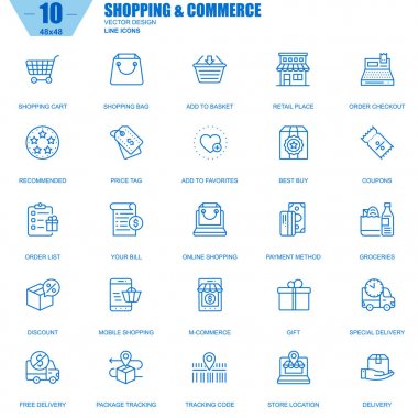 Simgeleri ince çizgi çevrimiçi alışveriş ve e-ticaret Web sitesi ve mobil site ve uygulamalar için ayarlayın. Sepet, teslimat, fiyat etiketi olarak böyle simgeleri içerir. Vektör çizim