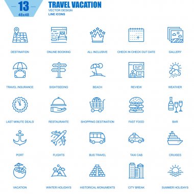 İnce çizgi seyahat ve Turizm, seyahat acentaları simgeler için Web sitesi ve mobil site için apps ayarlayın. Rezervasyon, böyle simgelerle yaz tatili içerir. Vektör çizim