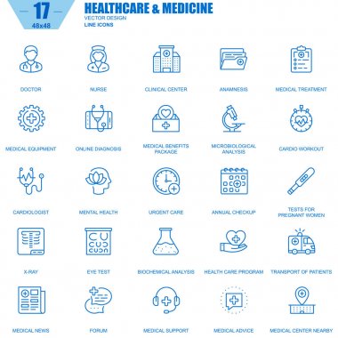 İnce çizgi sağlık ve tıp, hastane Hizmetleri kutsal kişilerin resmi web sitesi ve mobil site ve uygulamalar için ayarlayın. Doktor, hemşire olarak böyle simgeleri içerir. Vektör çizim