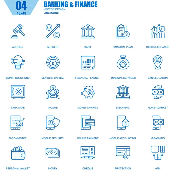 为网站和移动站点和应用程序设置的细线银行和金融图标 包含诸如银行 财务计划 电子商务等图标 矢量插图 — 图库矢量图片