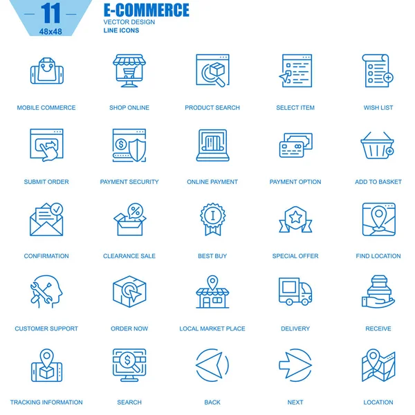 Dunne Lijn Online Winkelen Commerce Pictogrammen Instellen Voor Website Mobiele — Stockvector