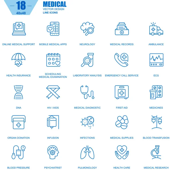 Soins Santé Médecine Ligne Mince Icônes Équipement Médical Réglées Pour — Image vectorielle