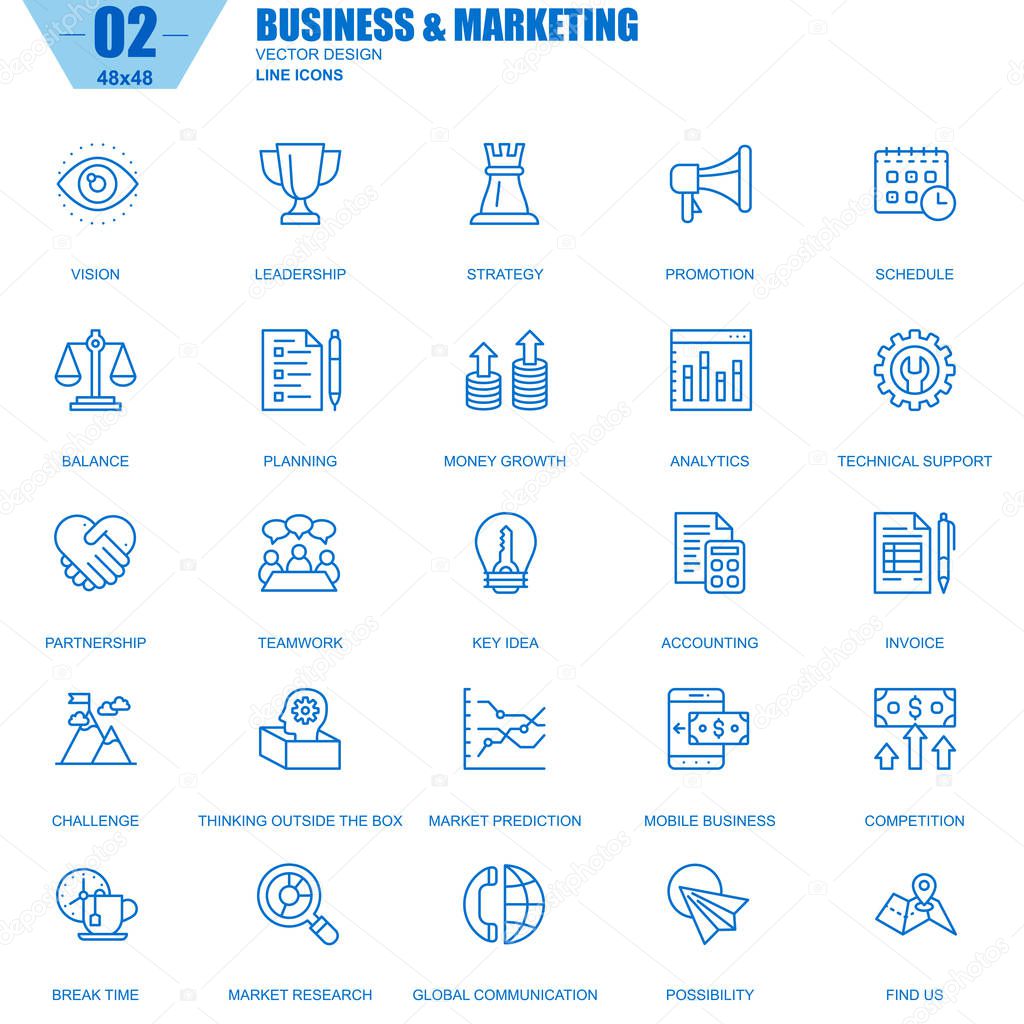 Thin line business and marketing icons set for website and mobile site and apps. Contains such Icons as Leadership, Vision, Accounting. Vector illustration