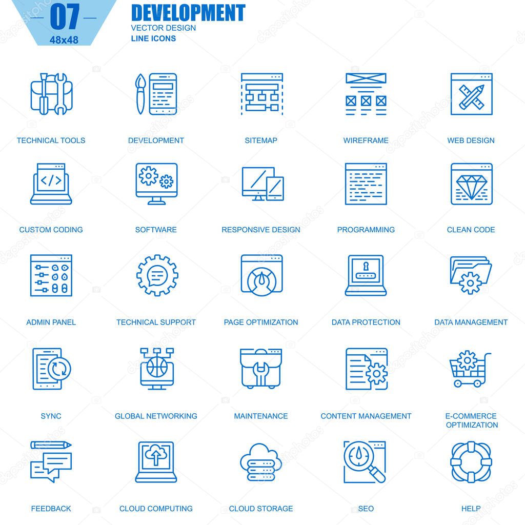 Thin line web design and development icons set for website and mobile site and apps. Contains such Icons as Software, Programming, Sync. Vector illustration