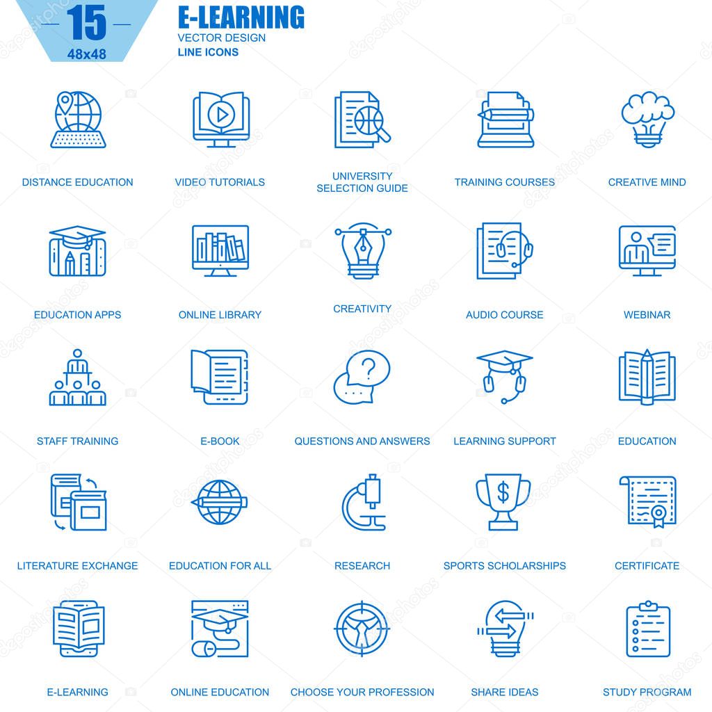 Thin line online education, e-learning, e-book icons set for website and mobile site and apps. Contains such Icons as Book, Library, Webinar. Vector illustration