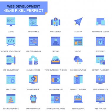 Web ve mobil uygulamalar için basit Set Web Disign ve geliştirme düz simgeler. Kodlama, uygulama geliştirme, kullanılabilirlik gibi simgeler içerir. 48 x 48 piksel mükemmel. Düzenlenebilir inme. Vektör çizim.