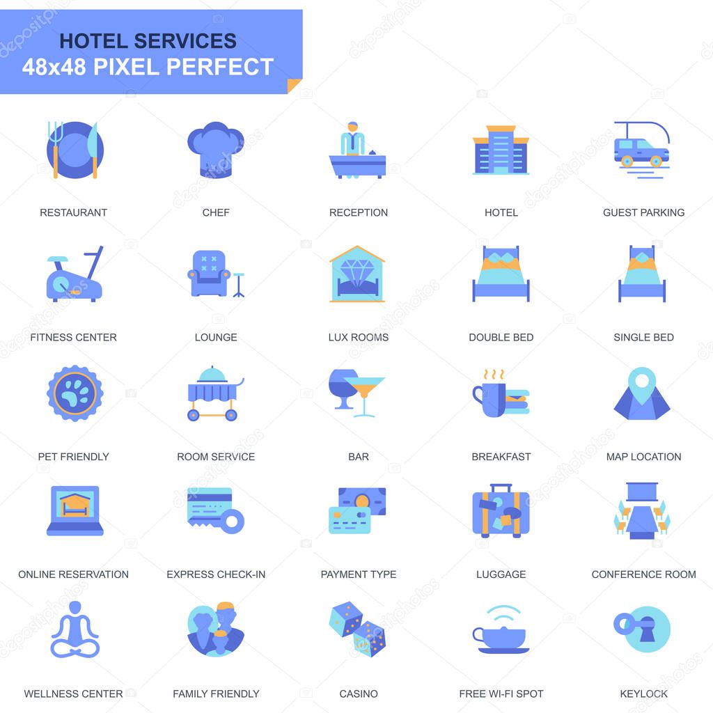 Simple Set Hotel Service Flat Icons for Website and Mobile Apps. Contains such Icons as Restaurant, Room Services, Reception. 48x48 Pixel Perfect. Editable Stroke. Vector illustration.