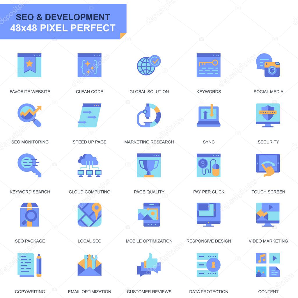 Simple Set Seo and Web Optimization Flat Icons for Website and Mobile Apps. Contains such Icons as Target, Marketing, Traffic Growth. 48x48 Pixel Perfect. Editable Stroke. Vector illustration.
