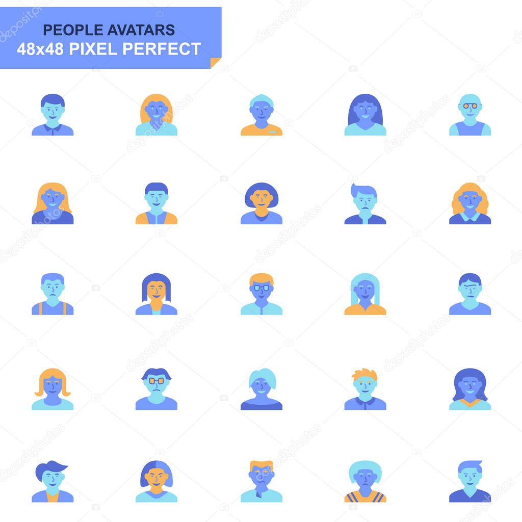 Simple Set People Avatar Flat Icons for Website and Mobile Apps. Contains such Icons as Different Age Man and Woman Characters. 48x48 Pixel Perfect. Editable Stroke. Vector illustration.