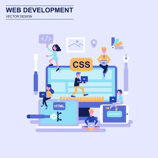 Desenvolvimento web conceito de design plano estilo azul com caráter de pessoas pequenas decoradas . —  Vetores de Stock