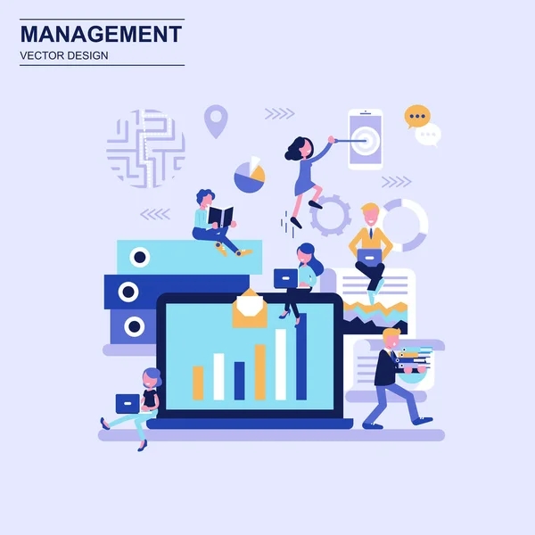Management flat design concept blue style with decorated small people character. — Stock Vector