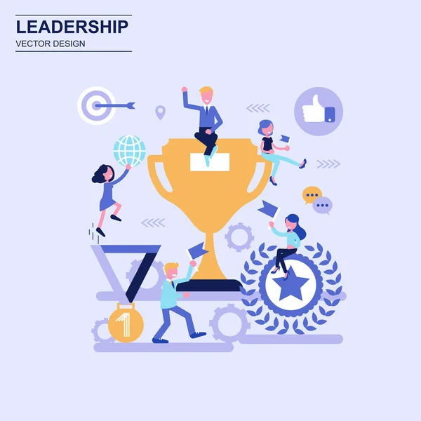 Leadership flat design concept blue style with decorated small people character. — Stock Vector