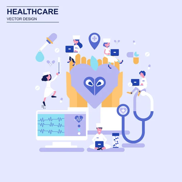 Medicine and healthcare flat design concept blue style with decorated small people character. — Stock Vector