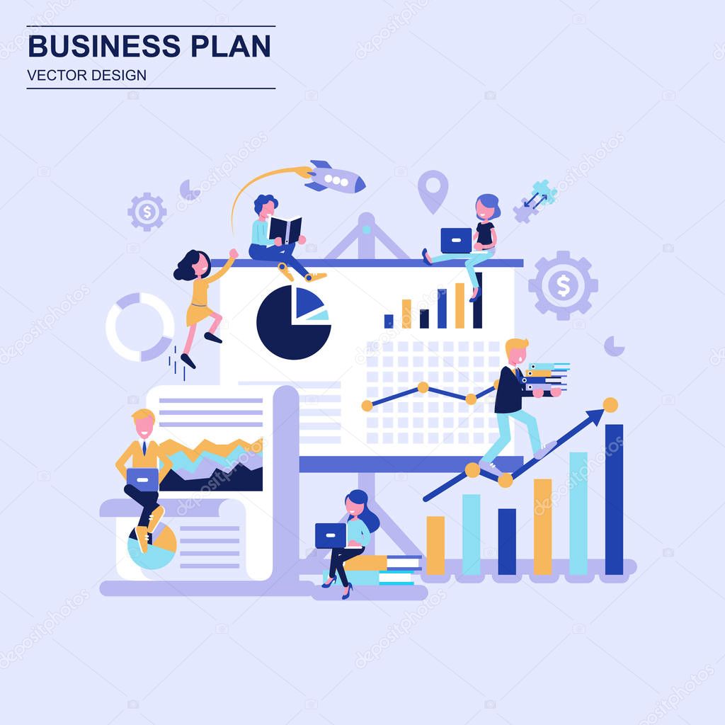 Business plan flat design concept blue style with decorated small people character.