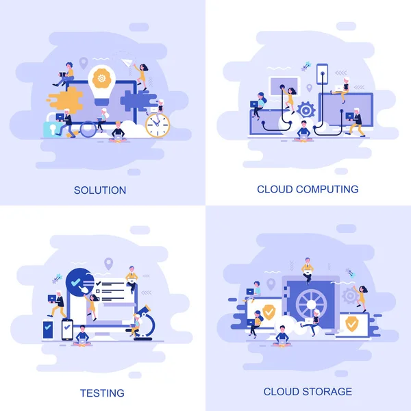 Moderne platte concept webbanner van testen, oplossing, Cloud Computing en Cloud opslag met ingerichte kleine mensen teken. — Stockvector