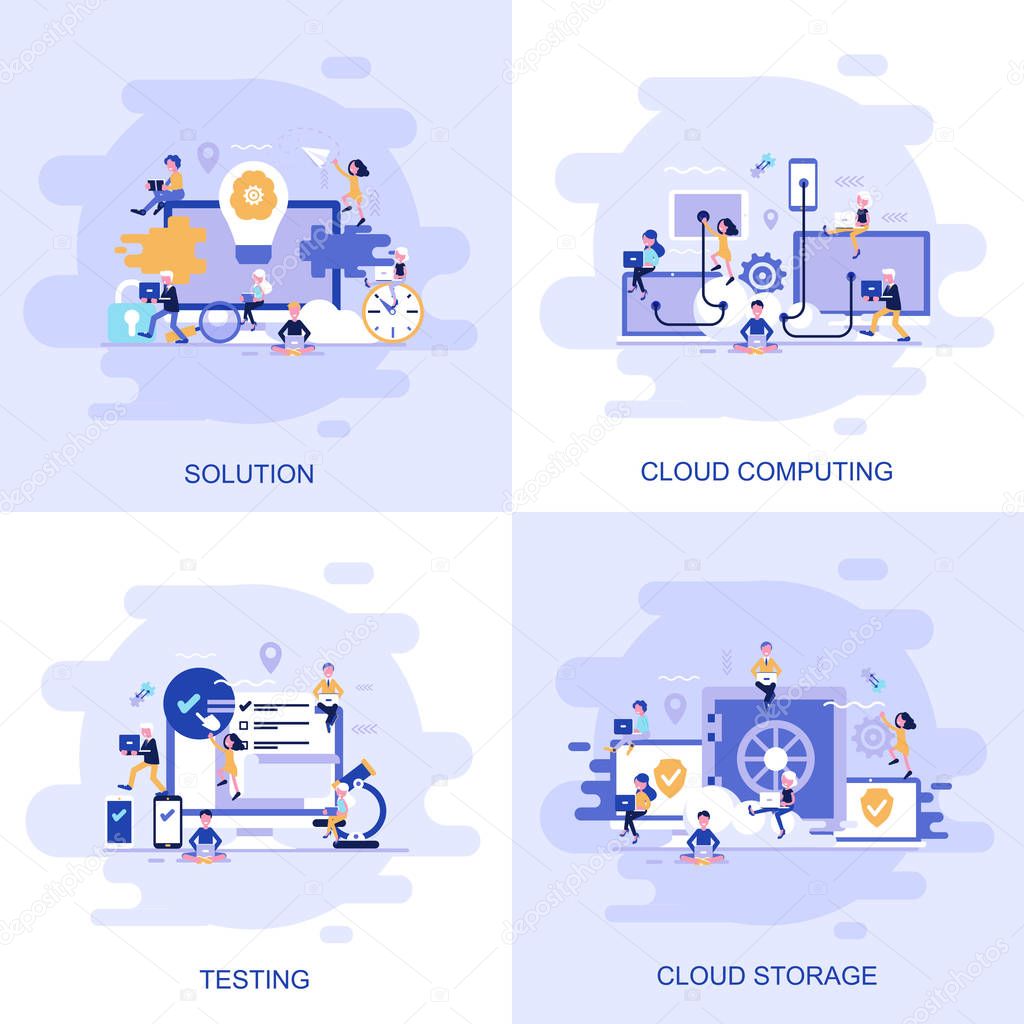 Modern flat concept web banner of Testing, Solution, Cloud Computing and Cloud Storage with decorated small people character.