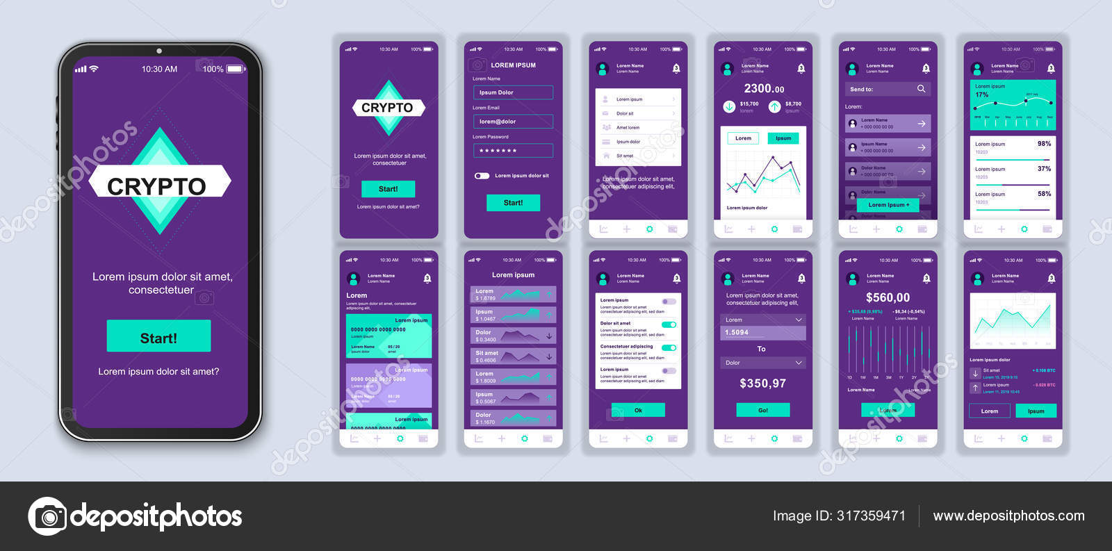 密码货币智能手机接口向量模板集。 金融应用。 移动钱包。 网页设计布局。 用于应用程序的Ui 、 Ux 、 Gui屏幕包。 电话显示屏。 网页设计套件图库矢量图©alexdndz  317359471