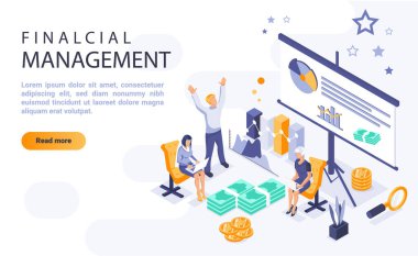 İzometrik illüstrasyonlu finansal yönetim iniş sayfası şablonu. Ekonomik okur yazarlık ana sayfa arayüz düzeni ile izometri. Kurumsal ekonomik planlama 3d web sayfası tasarımı
