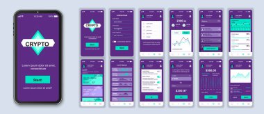 Şifreli para birimi akıllı telefon arayüz vektör şablonları ayarlandı. Finansal uygulama. Cep telefonu cüzdanı. Web sayfası tasarımı. Uygulama için Ui, Ux, Gui ekranları. Telefon ekranı. Web tasarım kiti