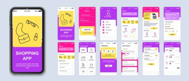 Alış veriş uygulaması akıllı telefon arayüzü vektör şablonları ayarlanıyor. Çevrimiçi kıyafet mağazası web sayfası tasarım düzeni. Uygulama için Ui, Ux, Gui ekranları. Telefon ekranı. Mobil mağaza web tasarım kiti