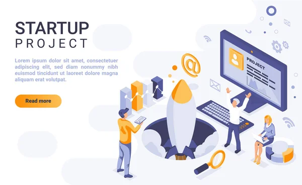 Startup project landing page διανυσματικό πρότυπο με ισομετρική απεικόνιση. Εταιρική στρατηγική ξεκινήσει διάταξη διεπαφής αρχική σελίδα με ισομετρία. Έναρξη νέων επιχειρήσεων 3d ιστοσελίδα σχεδιασμό ιδέα — Διανυσματικό Αρχείο