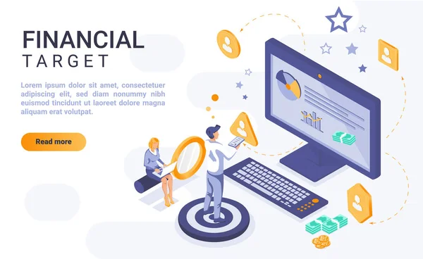 Financiële target landing page vector template met isometrische illustratie. Geld doel homepage interface lay-out met isometrie. Bedrijfsgroei, bedrijfsdoel 3d webpagina ontwerp idee — Stockvector