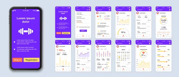 Fitness mobile App Interface Design Vektor-Vorlagen eingestellt. Kalorienzähler. Gestaltung der Gesundheits- und Lifestylewebseiten. Packung ui, ux, gui Bildschirme für Application Kit. Telefondisplay — Stockvektor