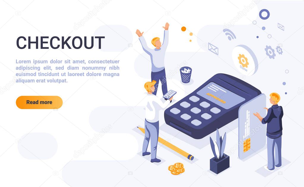 Checkout landing page vector template with isometric illustration. Online payment homepage interface layout with isometry. E-shopping. Electronic commerce. Digital purchase 3d webpage design idea