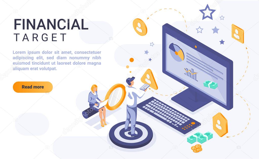 Financial target landing page vector template with isometric illustration. Money aim homepage interface layout with isometry. Corporate growth, business goal 3d webpage design idea