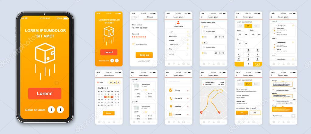 Delivery mobile app smartphone interface vector templates set. Online parcel shipping web page design layout. Pack of UI, UX, GUI screens for application. Phone display. Web design kit