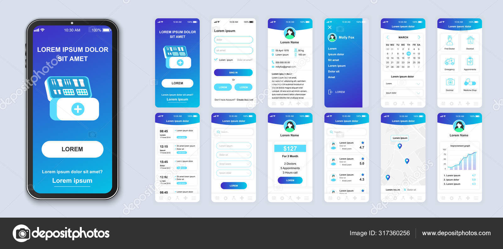Medizin Smartphone Schnittstelle Vektor Vorlagen Gesetzt Gesundheitswesen Mobile App Seite Blaues Design Layout Packung Ui Ux Gui Bildschirme Fur Die Anwendung Telefondisplay Web Design Fur Online Klinik Kit Vektorgrafik Lizenzfreie Grafiken