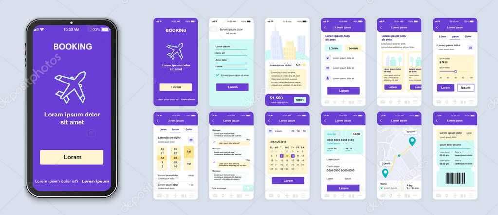 Booking smartphone interface vector templates set. Travel app web page purple design layout. Pack of UI, UX, GUI screens for planning trip application. Phone display. Web design kit