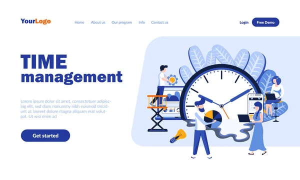 Gerenciamento de tempo modelo de landing page plana com cabeçalho. Otimização do horário de trabalho, banner web de produtividade, design de página inicial. Ilustração do vetor de fluxo de trabalho. Programação, conceito de planeamento do tempo de trabalho —  Vetores de Stock