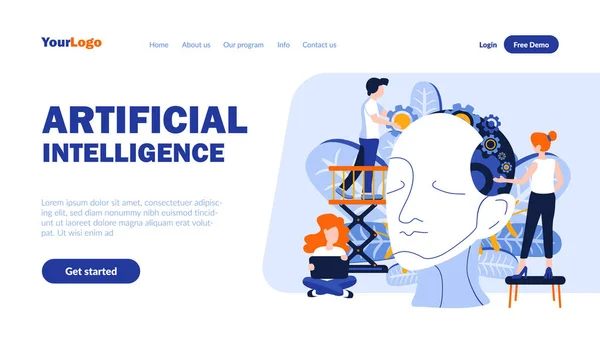Artificial intelligence flat landing page template with header. Scientific development web banner, homepage design. Smart cyborg invention vector illustration. Science, technology, cybernetics concept — Stock Vector