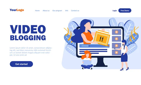 Video blogging vector landing page template with header. Vlogging web banner, homepage design with flat illustrations. Bloggers, critics cartoon characters. Film review, internet blog concept — Stock Vector